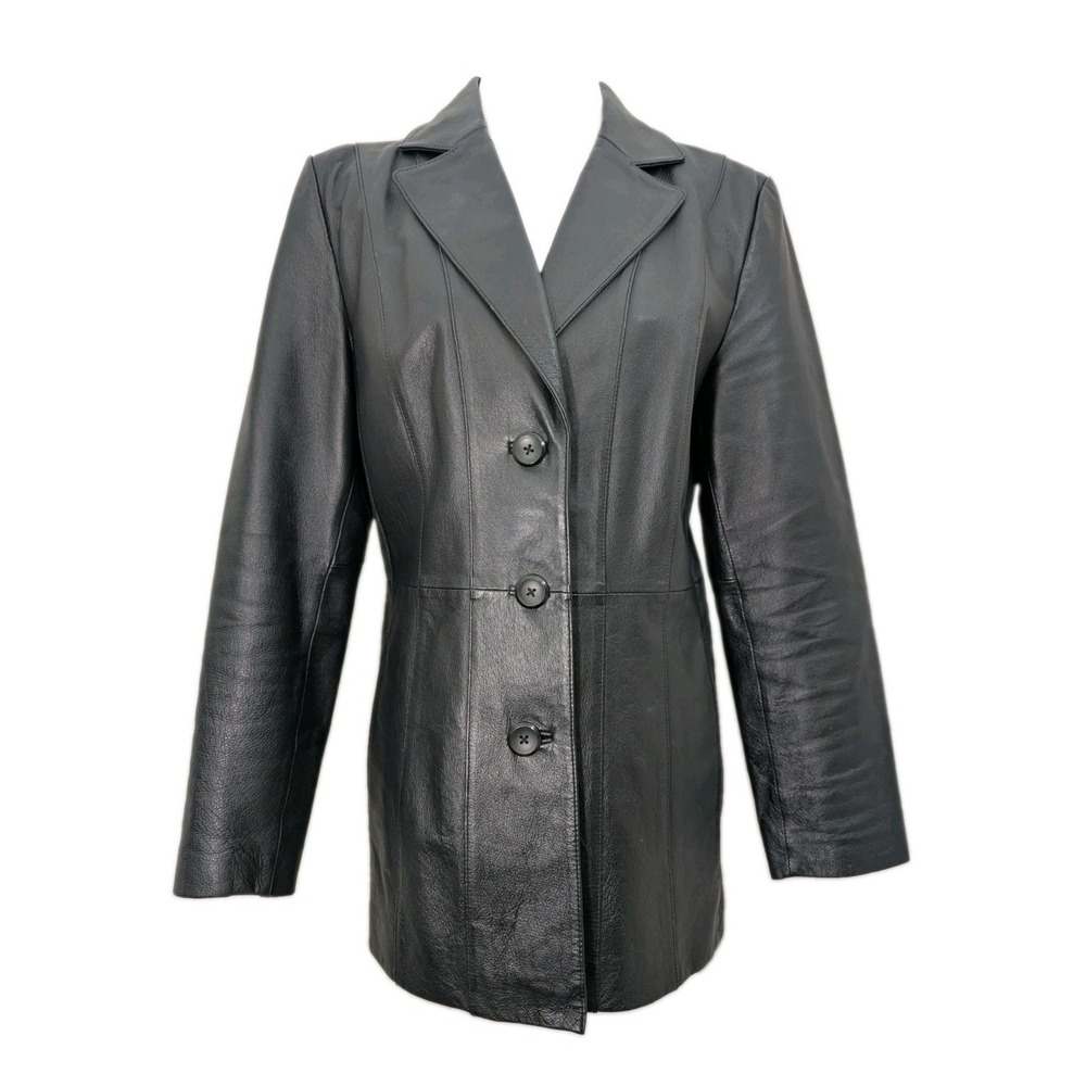 Worthington Black Genuine Leather Front Button Blazer Jacket Women's Size Medium
